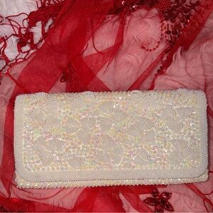 Vintage Cream Beaded Handmade In Hong Kong Clutch